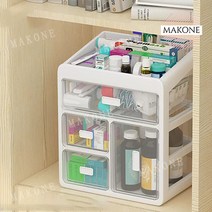 Makone 상표등록 서랍형 플라스틱 슬라이딩 약통 다용도 3단 4단 약 정리함 약장 서랍장 투명창 정리대 미니 수납장 리빙박스 수납 트레이 박스