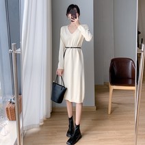 넷투넷코리아 여성 미디 원피스 V넥 긴팔 니트원피스 루즈핏