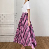 로아시크 / 체크 치마 플리츠 밴딩 주름 바지 와이드 롱스커트