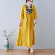 FANSYLI 여성 린넨원피스 루즈핏 셔츠 롱 원피스 A라인 브이넥 자수 긴팔 원피스 W3F04