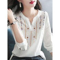 여성 봄 가을 화이트 블라우스 탑 레이디 캐주얼 자수 v 넥 긴 소매 빈티지 느슨한 DF4272