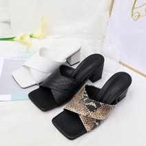 천연 양가죽 수제화 뱀피 스트랩 뮬힐 통굽 슬리퍼