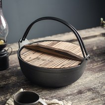 일본식 주철 냄비 무쇠 주물 다용도 솥 나무 우드 원목 뚜껑 나베 전골 야외취사 캠핑, 블랙, [재고없음]지름29cm+삼나무뚜껑