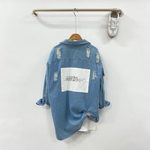 빈티지 워싱 패치 레터링 루즈핏 데님 셔츠 연청 남방