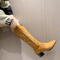 승마부츠 롱부츠 여성 서부 카우보이 부츠 뾰족한 여성 인쇄 중반 송아지 부츠 봄
