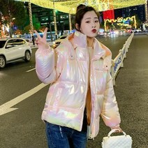 후드 단색 광택 패딩 여성 겨울 루즈핏 긴팔 점퍼