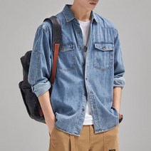 가을 순색 데님 재킷 데님셔츠 상의 남성용 캐주얼셔츠 청셔츠 캐주얼 루즈핏 긴팔 셔츠 코트