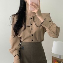 여성 가을겨울 복고풍 귀겨운 빅카라 배색 블라우스 셔츠 MMA