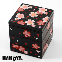 일본[HAKOYA]사쿠라 3단 사각찬합/일본 전통 마사에 기법 사용/고품격 디자인 공예품 /, 블랙