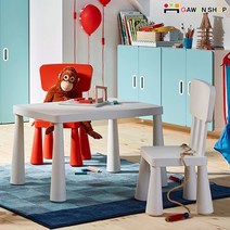 [당일출고] 이케아 MAMMUT 사각테이블 + 등받이의자2개 세트, 테이블화이트 블루2개