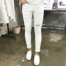 용된다 남성용 여름 슬림핏 디스트로이드 화이트 청바지