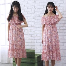 올파인 쉬폰 플라워 오프숄더 롱 원피스
