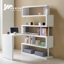 하원가구 라울 멀티 5단 책장 ㄱ자 1200상판 세트, 화이트