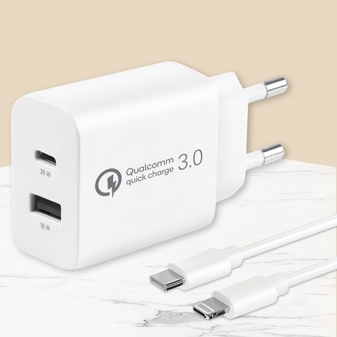 모잇 퀄컴 공식인증 QC 3.0 PD25W 2포트 PPS 초고속충전기 + 8핀 라이트닝 아이폰 케이블
