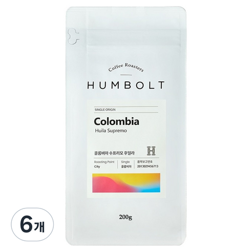 훔볼트 콜롬비아 수프리모 후일라 싱글 커피 원두, 홀빈(분쇄안함), 200g, 6개