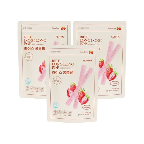 라이스롱롱팝 유기농 쌀과자, 떡뻥, 20g, 3개, 딸기