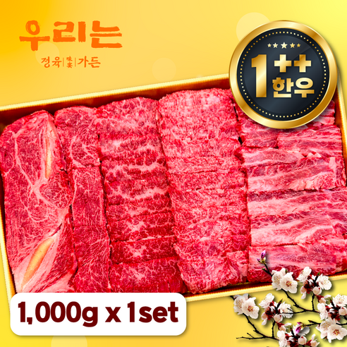 우리는정육가든 1++ 한우 등심 갈비살 업진안살 앞치마살 특수부위 소고기 모듬 세트 구이용 1000g [ 감사카드증정 ]
