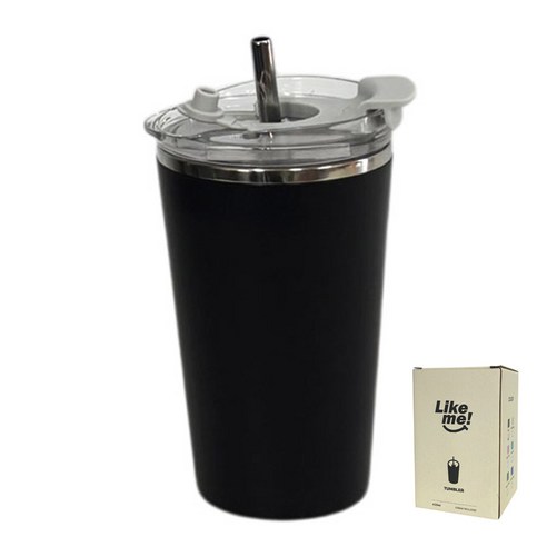 스테인리스 머그컵 미니 텀블러 + 빨대 세트, 1세트, 420ml, 블랙