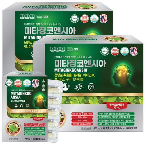 미국 미타징코엔시아 120캡슐X2박스 은행잎추출물 영양제 셀레늄 아연 비타민D