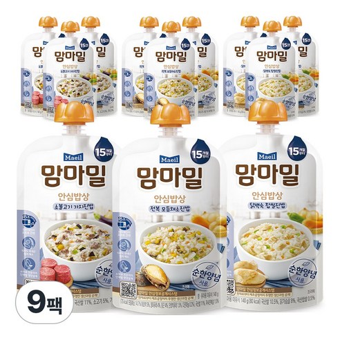 맘마밀 안심이유식 15개월 혼합 3종 3개씩 (총9개) 소불고기 가지진밥/ 닭백숙 찹쌀진밥/ 전복 모듬채소진밥, 1세트, 닭백숙찹쌀진밥+소불고기가지진밥+전복모듬채소진밥, 140g