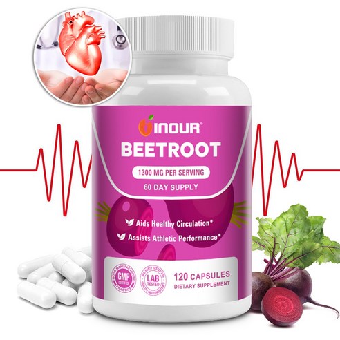 유기농 비트루트 캡슐 – 1회 제공량당 비트루트 분말 1300mg 함유 – 혈액 순환 및 지구력 향상 – 비유전자변형(Non-GMO), 비건, 글루텐프리, 1개, 60정
