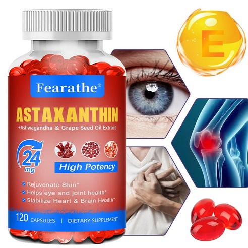 아스타잔틴 보충제 24mg, 포도씨유와 남아공 취가지 함유 - 항산화, 피부와 눈 건강 - non-GMO, 글루텐 프리, 1개, 120회분
