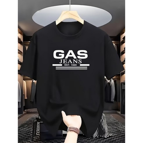 GAS 레터 프린트 티셔츠, 반팔 라운드넥 캐주얼 탑, 여름 및 봄에 적합, 반팔 탑