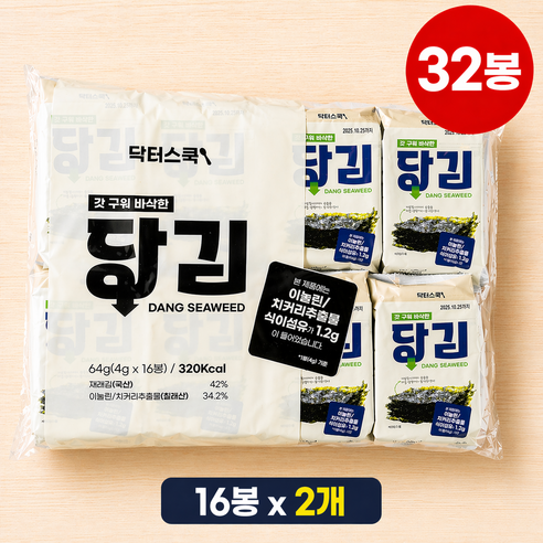 닥터스쿡 당김 혈당 무가당 식단 0칼로리 두번구운 김 도시락김, 32개, 4g