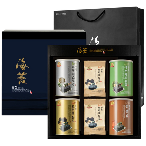 광천 해달음 명품 트러플 바질페스토 아보카도유 홍삼 재래김 돌김 도시락김 캔김 + 고급쇼핑백포함, 4개