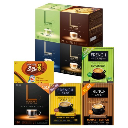 <꾼들>탕비실 커피 다양한맛 프렌치카페믹스+골드라벨+스테비아+루카스나인 다크아메리카노+오리지널+바닐라+더블샷+그린티+초코에몽