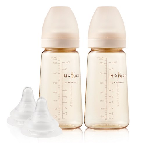마더케이 베이직 PPSU 무꼭지 젖병 2p + 3단계 젖꼭지 2p, 크림, 280ml, 1세트