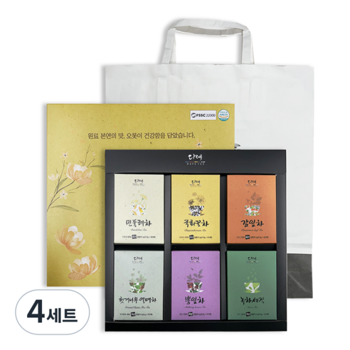 [본사직영] 다예 100%국산 꽃잎차 6종 티백 선물 세트+쇼핑백 (30티백) 국화꽃차+감잎차+헛개나무열매차+녹차세작+민들레차+뽕잎차