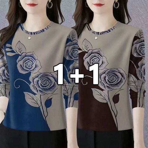 꽃소담 11 중년여성 꽃무늬 프린팅 봄가을 긴팔 티셔츠 데일리 엄마옷 HXY26A394