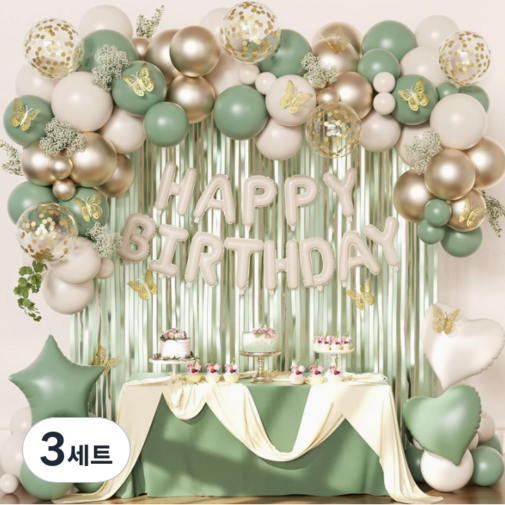 모아룸 풍선 파티 생일 이벤트 장식 풍선구름 세트, 3세트, 그린골드 풍선 세트