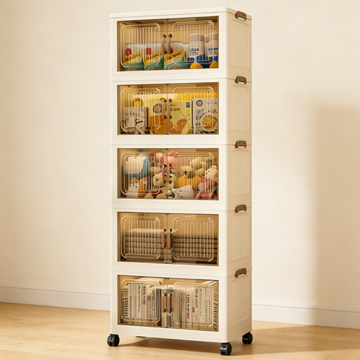 Frokom 이동식 폴딩 수납장 폭 55cm 리빙박스 접이식 바퀴 수납함 다용도 정리함, 투명 갈색