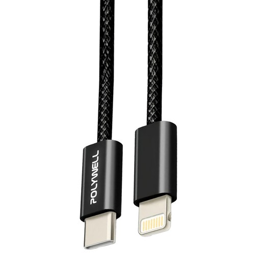 POLYWELL 寶利威爾 Type-C To Lightning PD編織快充線 3A PW15-W45-M934, 黑色, 1條, 2m