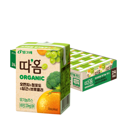 따옴 Organic 유기농 주스 오렌지 & 청포도 & 당근 & 브로콜리, 120ml, 24개