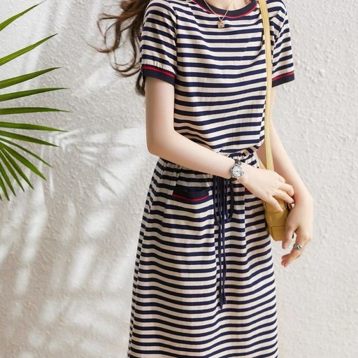 휠렉스 여성 여름 반팔 면 스판 스트라이프 허리끈 원피스 JT14
