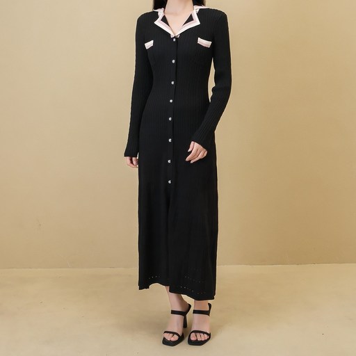 마지막SALEHIP39 긴팔 슬림 스트라이프 카라넥 단추 골지 롱원피스