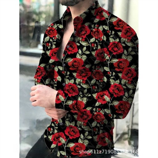 긴소매 장미꽃 복고풍 남자 남방 건달 셔츠 꽃무늬 화려한 하와이안 유니크한 옷 블랙