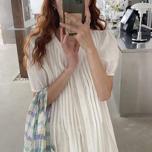 롱 원피스 제이플로우 린넨 여름 루즈핏 주름 브이넥