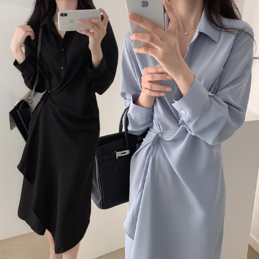 포마인 셔츠 드레이프 옆단추 셔링 원피스 러플 드레이핑 랩 고급스러운 실켓 긴팔 정장