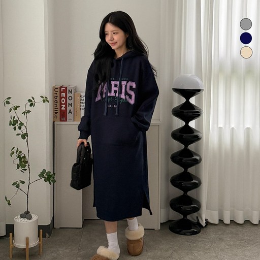 디테일웨어 여성 기모 바시티 후드 레터링 롱원피스 앞포켓 오버핏 임부복 편한원피스 산책룩 키작녀 긴팔 겨울 원피스