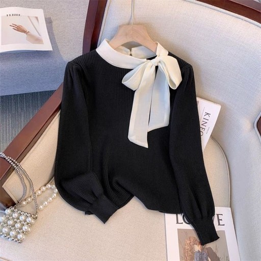 Vezri 여성 니트 긴팔 블라우스 리본 넥타이 우아한 가을 겨울 패션 F88