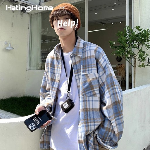 ANYOU 남자 긴팔 체크 남방 셔츠 커플룩 체형 커버 오버핏 여름 가을용 트렌디 체크 셔츠