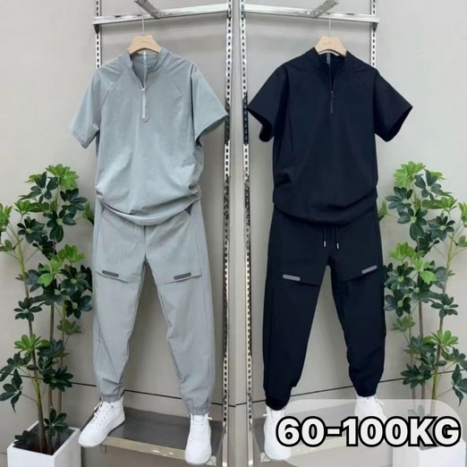 UNIQUEZON 남자 봄여름 트레이닝복 세트반집업 반팔티 조거 바지 상하의 투피스 세트 빅사이즈