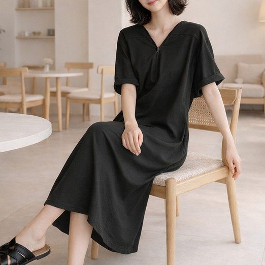 바이누아 데일리 캐주얼 지퍼 롱 원피스