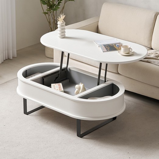 국내제조 듀얼리프트기계 빠른출고 템바보드 타원형 거실리프트업테이블, 화이트