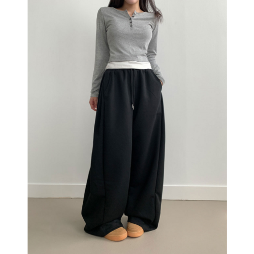 부기샵 팬츠 군살커버 퍼트 사이드 폴링 핀턱 와이드 트레이닝 롱팬츠