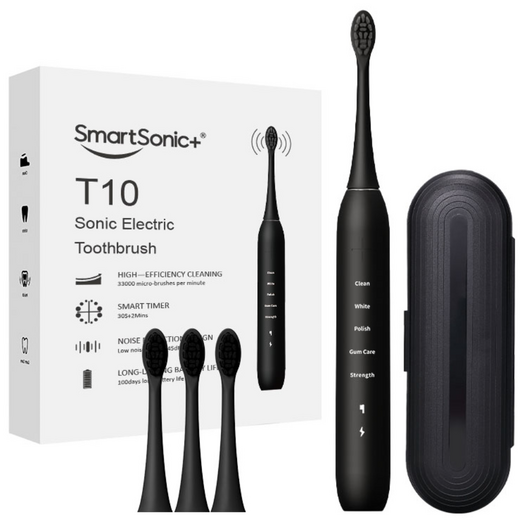SmartSonic T10 음파 전동칫솔  칫솔모 4개  여행용 케이스 15가지 치아 청결 방안, 1개, 블랙, T10
